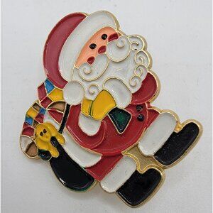 Vintage SANTA CLAUS Sack OF GIFTs Brooch‎ Pin Gold Tone Colorful